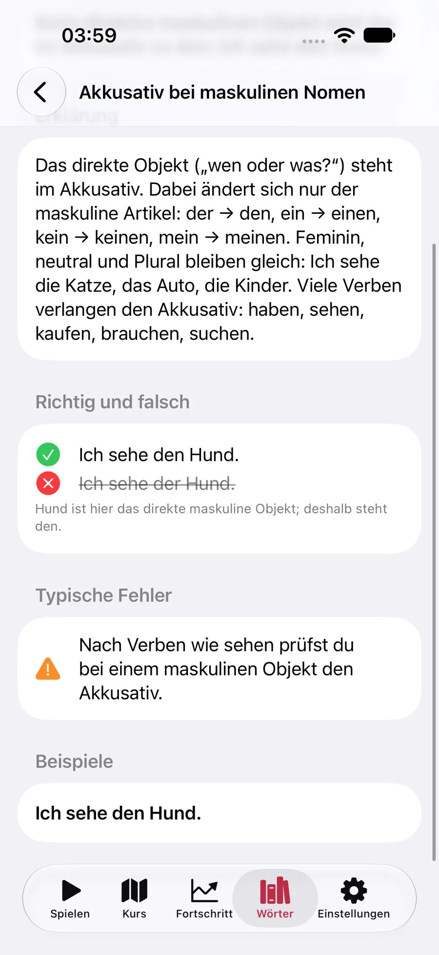 Leavo Grammatikerklärung zum Akkusativ mit Regel, richtigem und falschem Satz, typischem Fehler und Beispiel