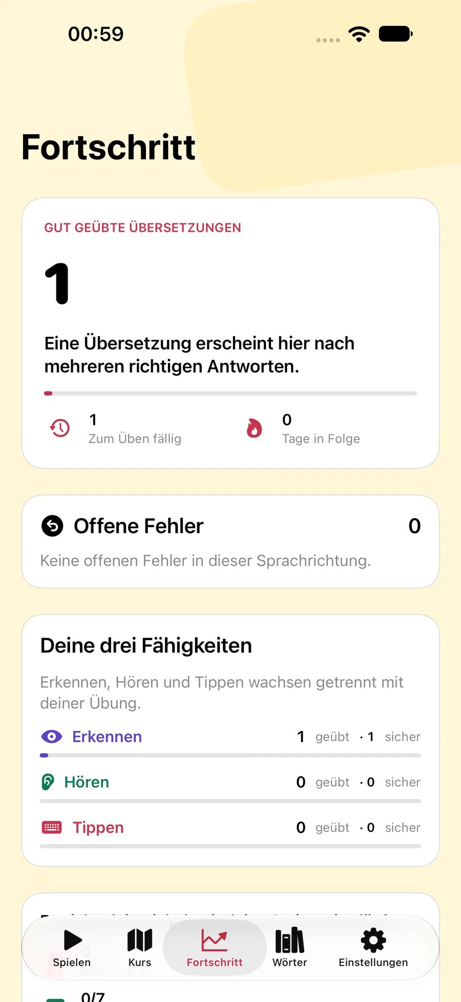 Leavo Fortschritt mit gut geübten Übersetzungen, offenen Fehlern und drei Fähigkeiten