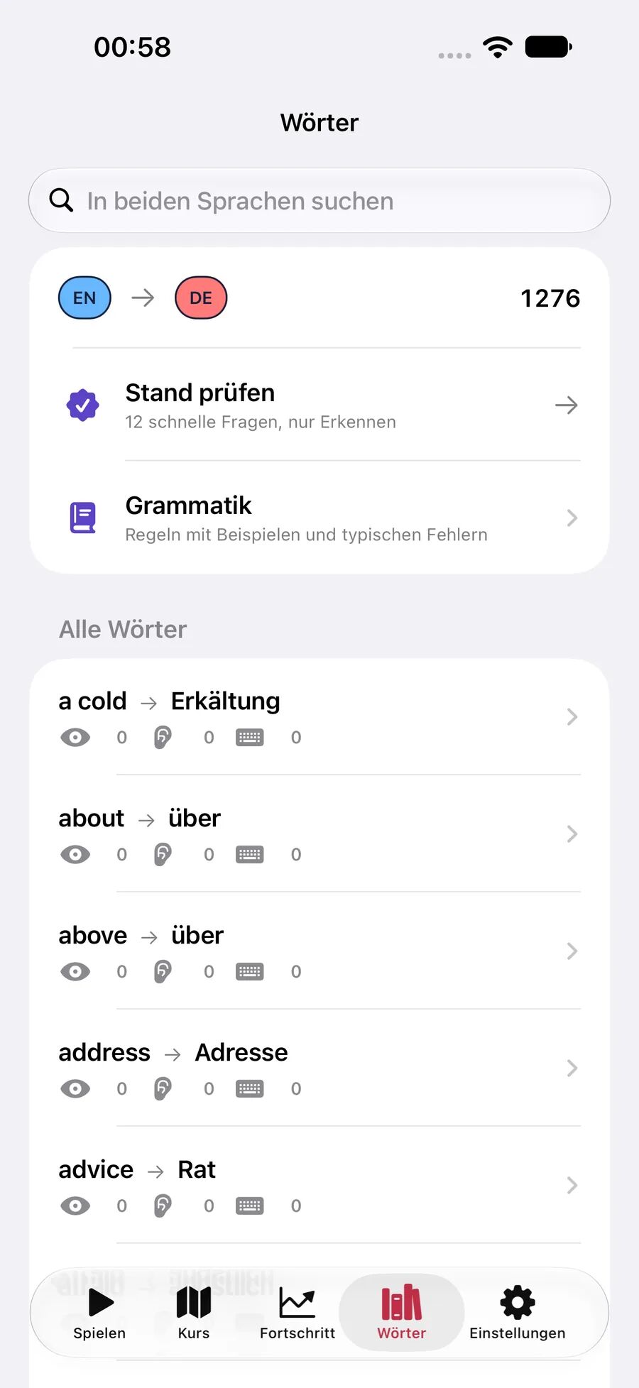 Leavo Wortliste mit Suche in beiden Sprachen, Einstufung und Grammatik