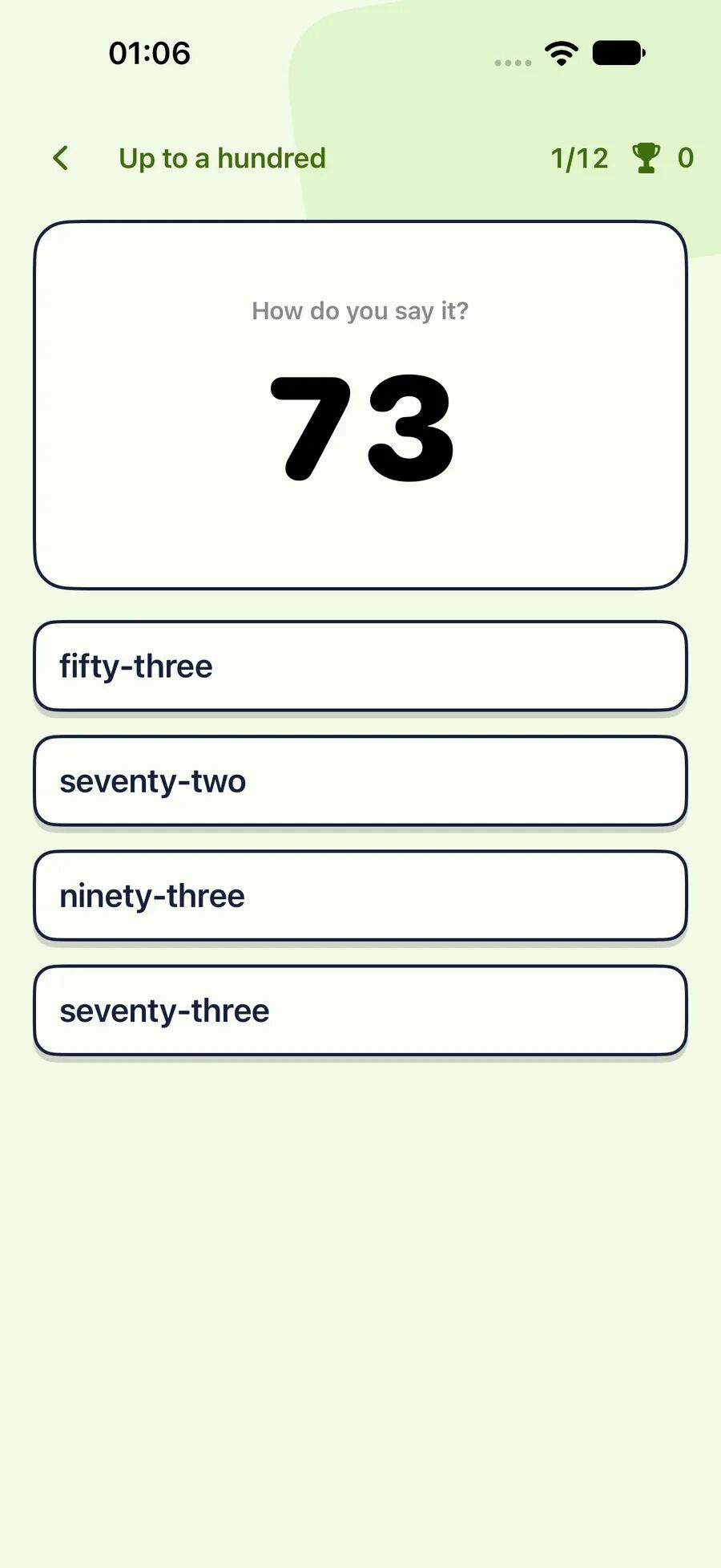 Leavo number trainer showing 73 with four answers
