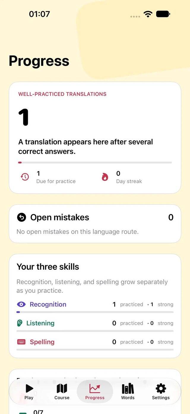 Leavo progress with well-practiced translations, open mistakes, and three skills