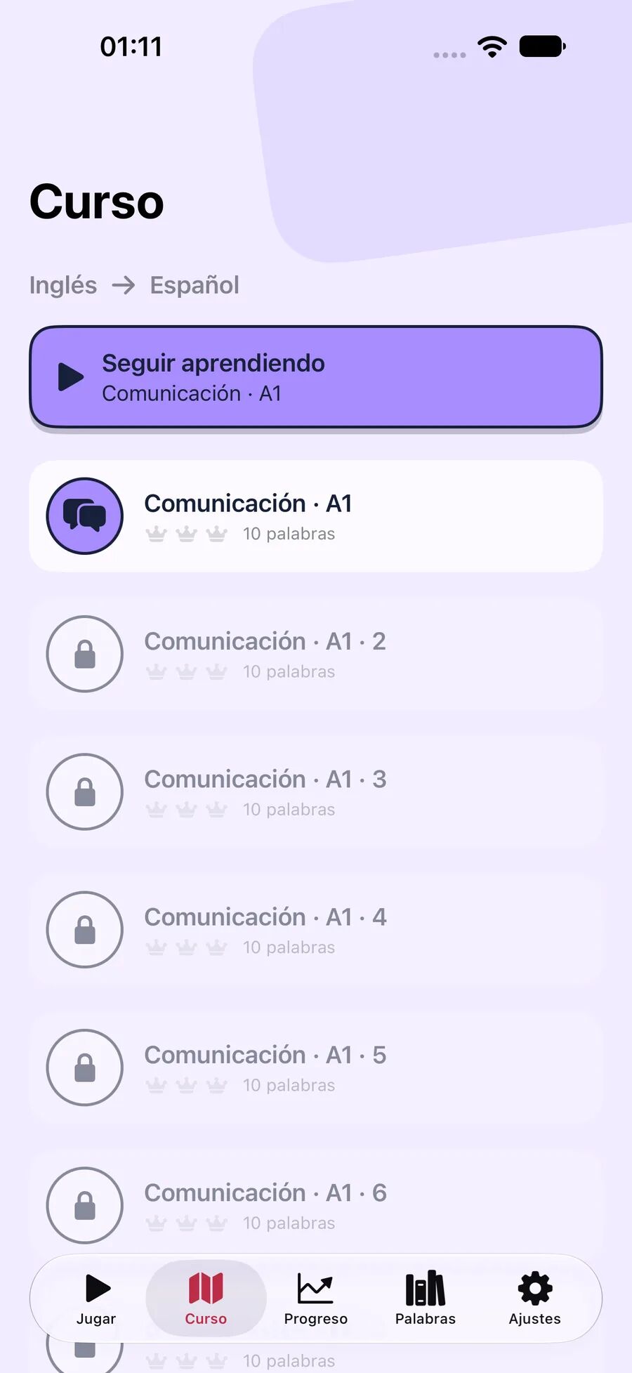 Curso de Leavo de inglés a español con pasos cortos A1