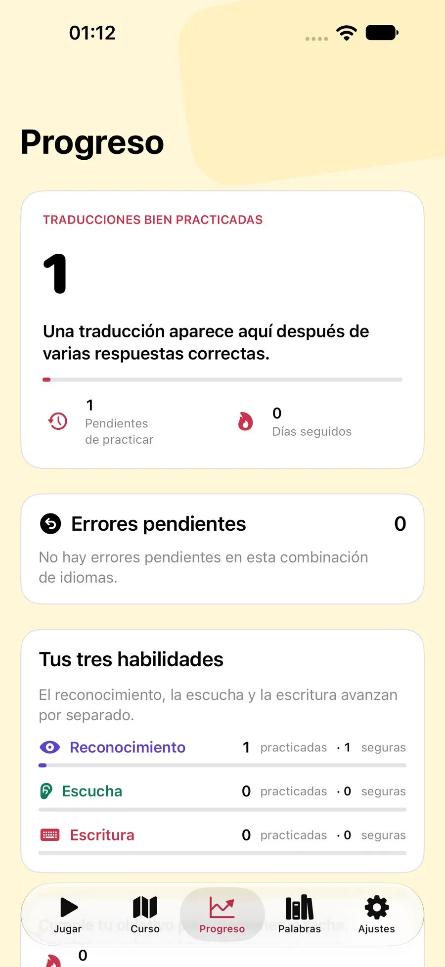 Progreso de Leavo con traducciones bien practicadas, errores pendientes y tres habilidades