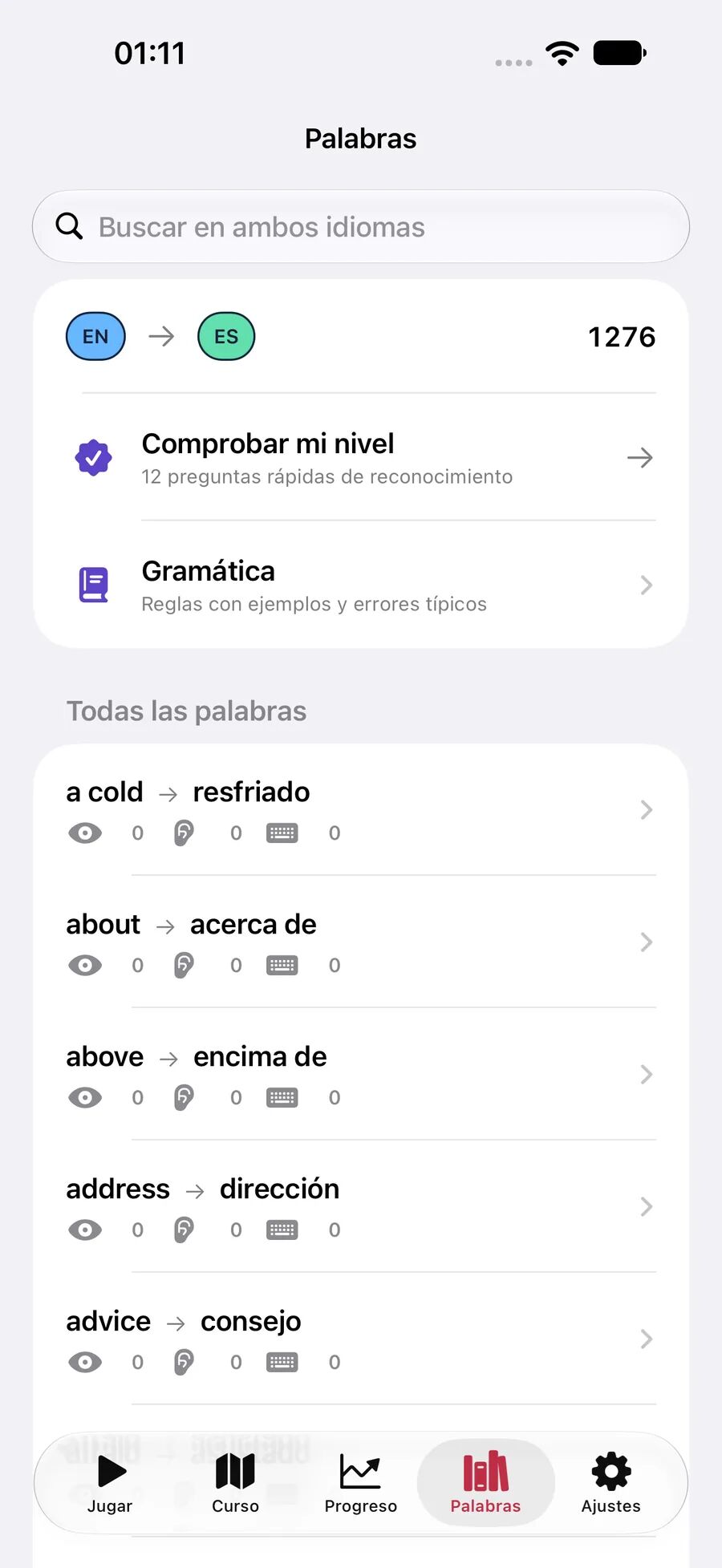 Lista de palabras de Leavo con búsqueda en ambos idiomas, nivel y gramática