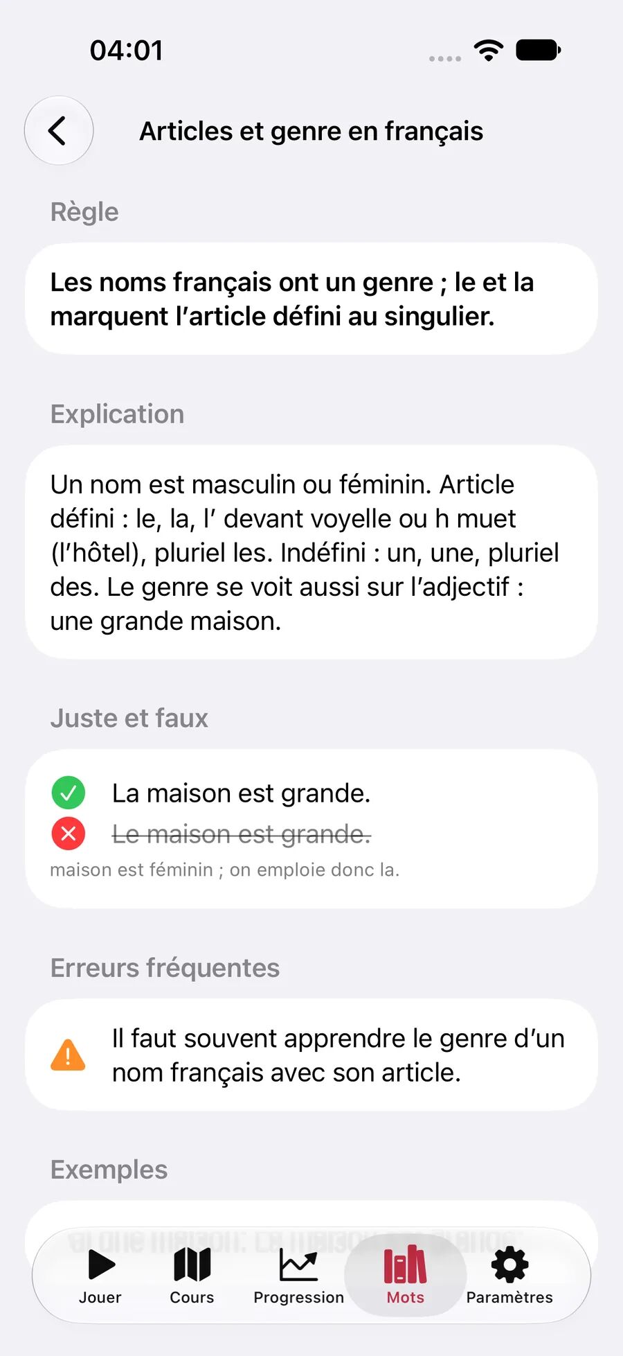 Explication de grammaire Leavo sur les articles et le genre en français, avec règle, phrase juste et fausse, erreur fréquente et exemple
