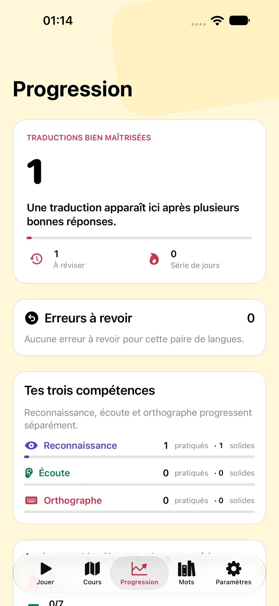 Progression Leavo avec traductions maîtrisées, erreurs à revoir et trois compétences