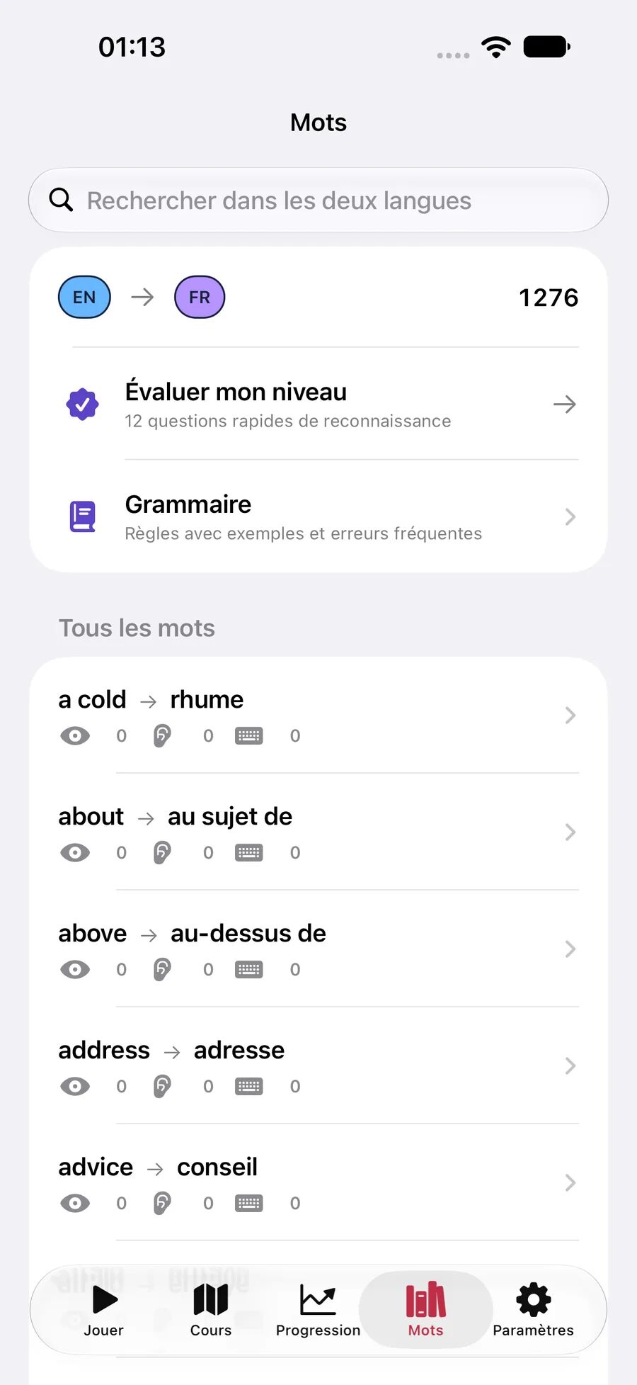Liste de mots Leavo avec recherche dans les deux langues, évaluation et grammaire