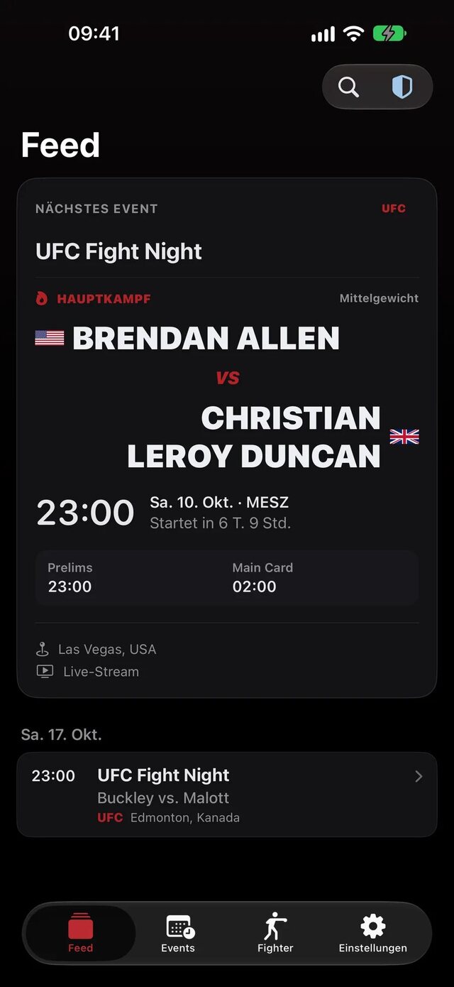 No Spoiler MMA Feed mit dem nächsten Event, Hauptkampf und Startzeit in deiner Zeitzone