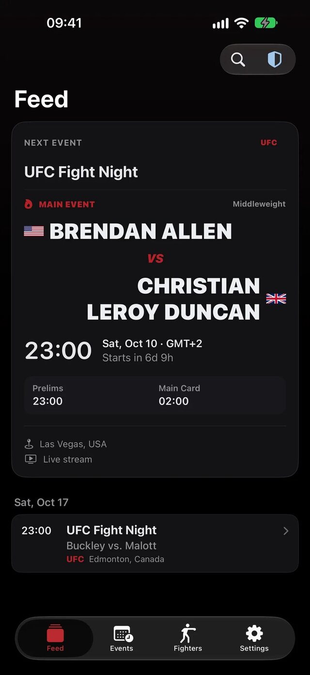 No Spoiler MMA feed with the next event, main event, and start time in your time zone