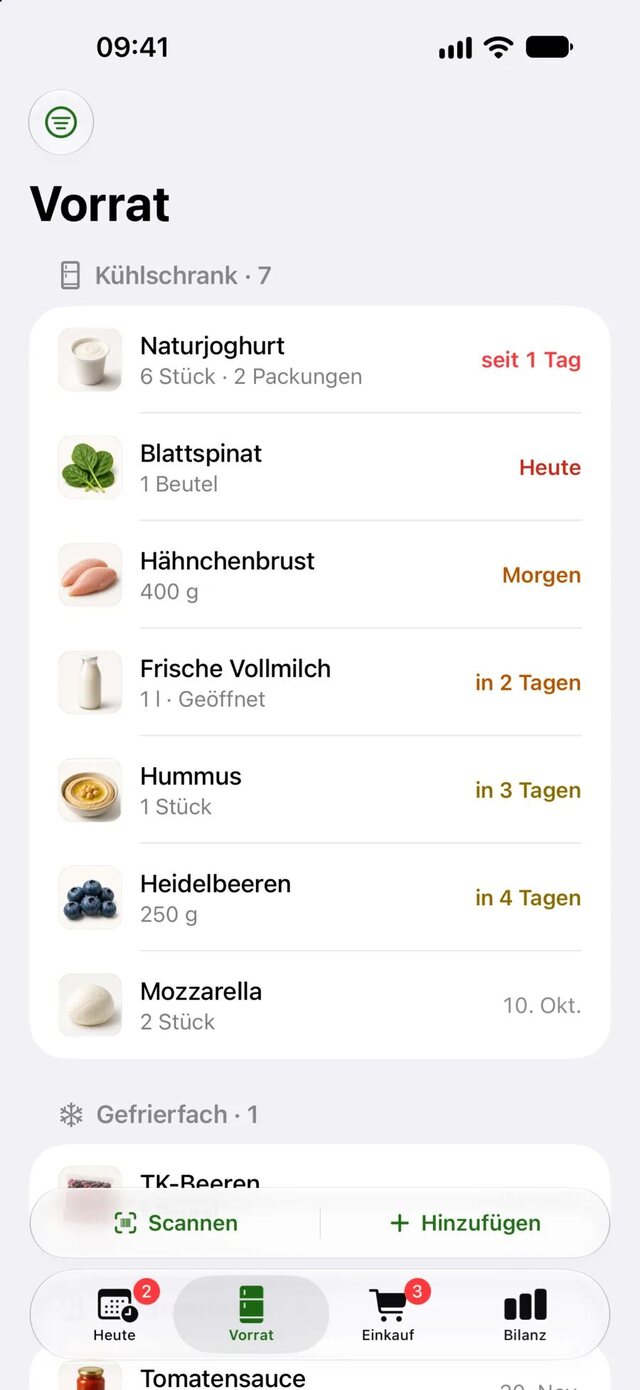 Wastee Vorrat nach Kühlschrank und Gefrierfach, mit mehreren und geöffneten Packungen