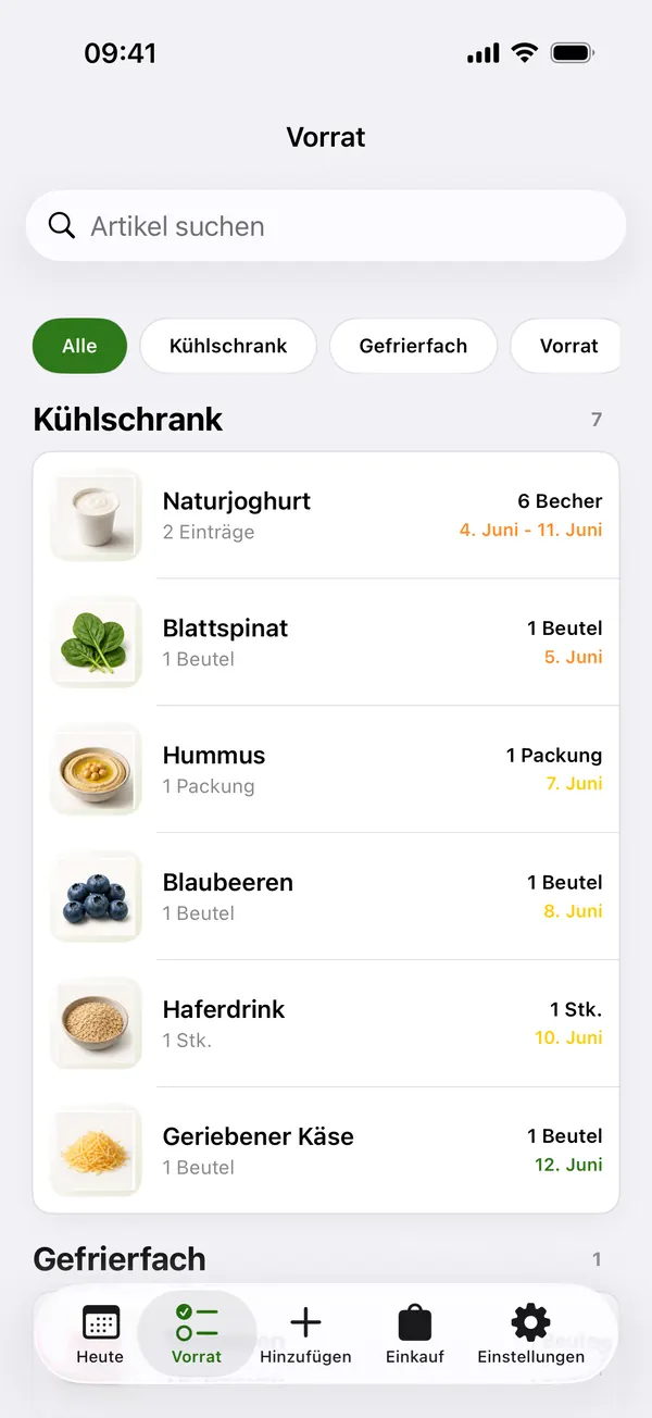 Wastee Vorratsübersicht mit Lebensmitteln nach Kühlschrank, Gefrierfach und Vorrat sortiert