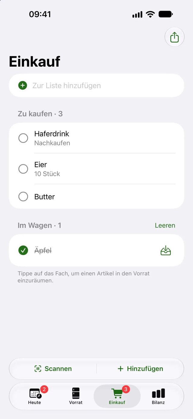 Wastee Einkaufsliste mit offenen Artikeln und einem Artikel im Wagen