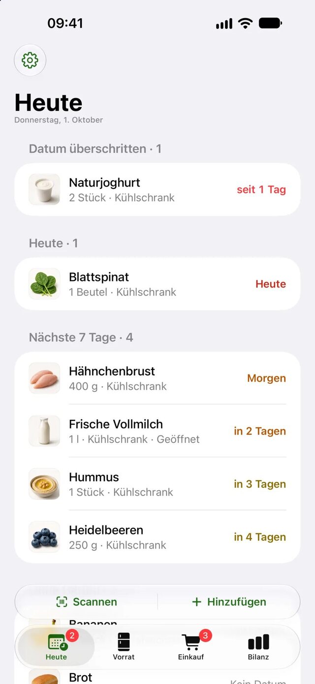 Wastee Heute mit überschrittenen Daten, heute fälligen Lebensmitteln und den nächsten sieben Tagen