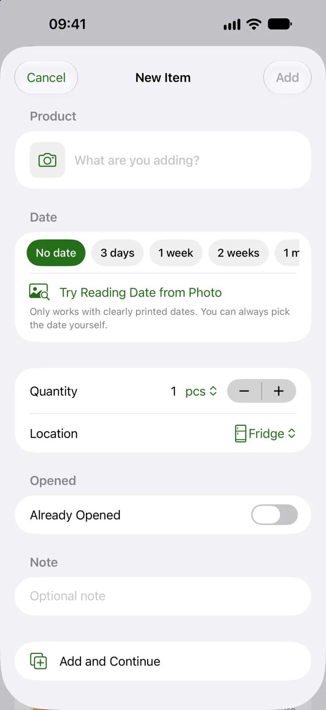 Wastee new item screen with date, quantity, storage place, and opened switch
