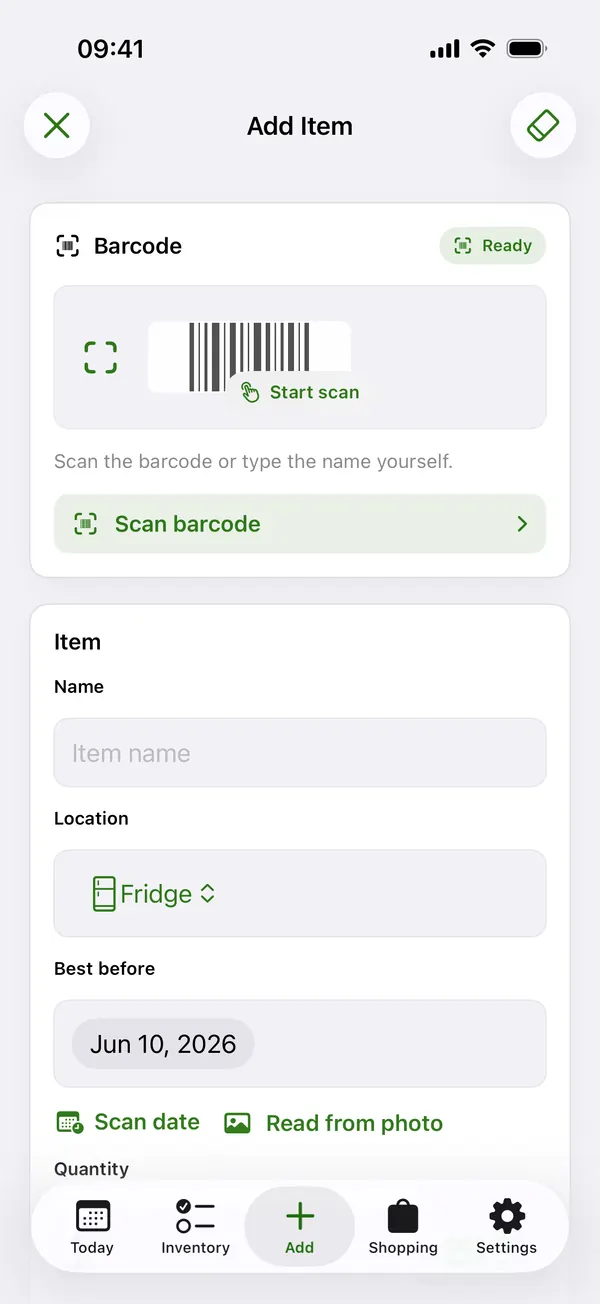 Wastee add screen for manual entry or optional scanning