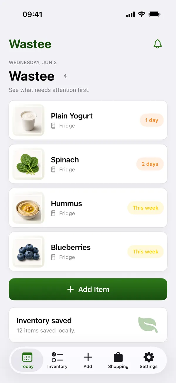 Wastee overview with upcoming best-before dates stored locally