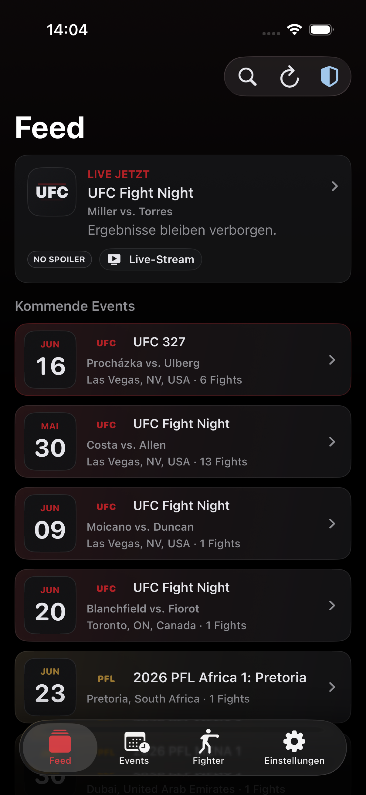 No Spoiler MMA Feed mit live markierter Fight Night und verborgenen Ergebnissen