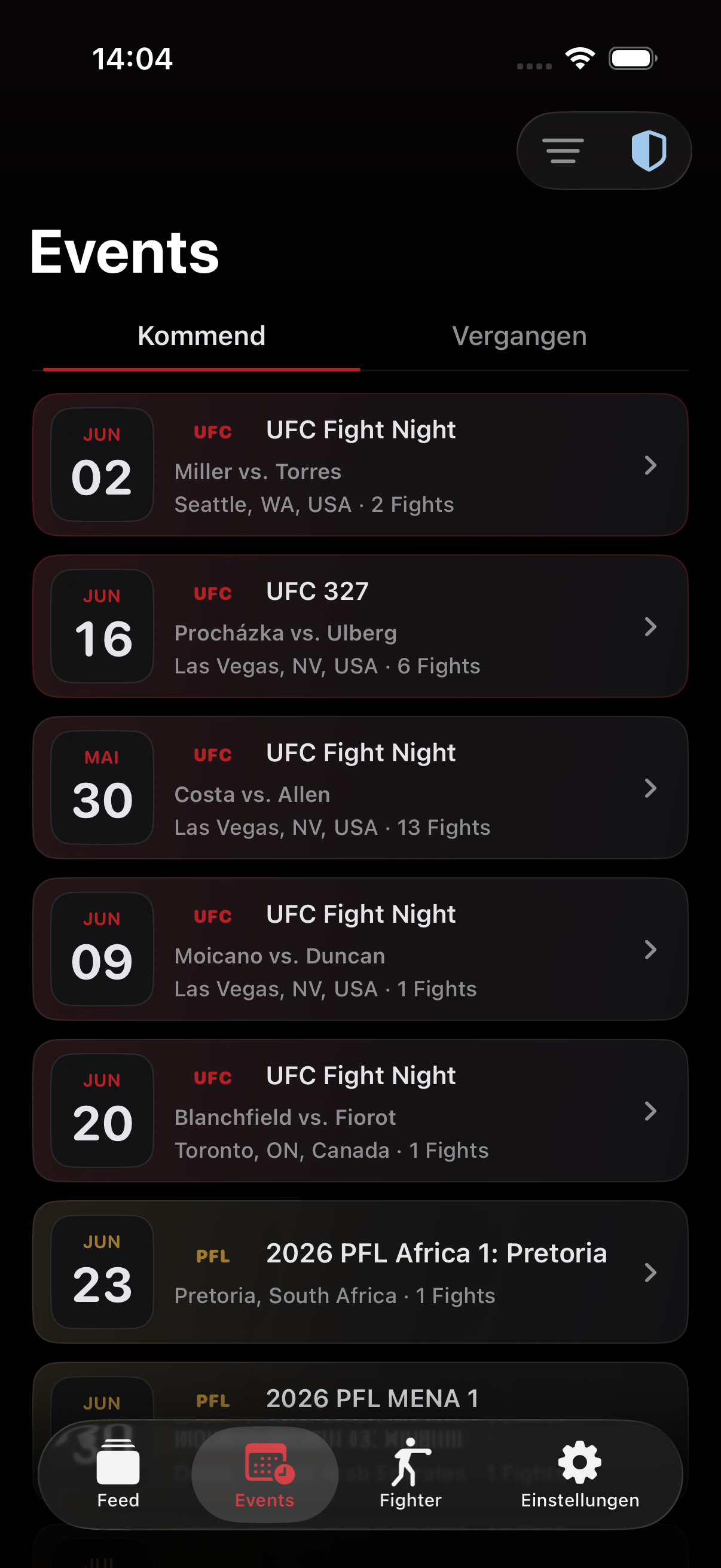 No Spoiler MMA Event-Liste mit kommenden Fightcards
